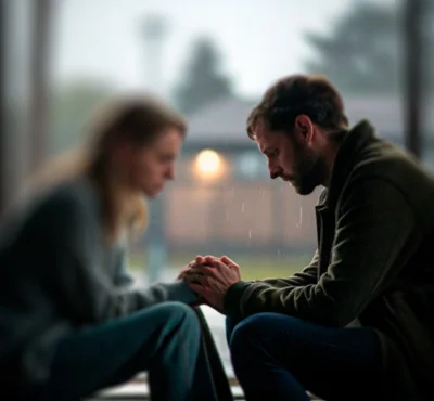 Мужчина с женщиной держат друг друга за руки